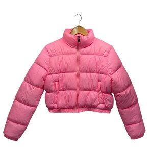Coalition LA Barbie Bubble Gum Pink Zip Front Cropped Puffer Jacket